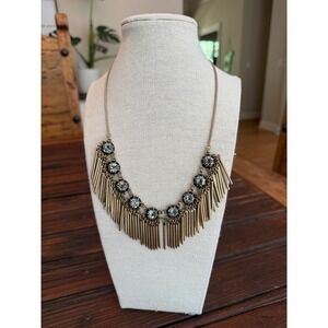Boho Sparklepop Gold Tone Grey Crystal Fringe Bib Statement Festival Necklace